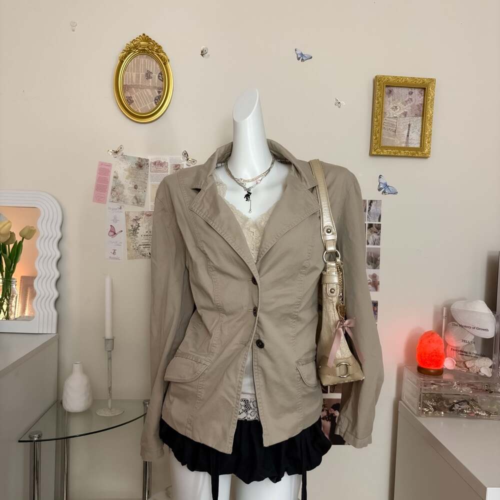 Chico's Y2K 2000s Khaki Tan Cotton Blazer Jacket Women Size 3 XL 16 Pinstripe Ut